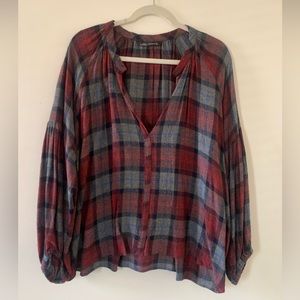 Zara Woman red plaid no-collar flowy top